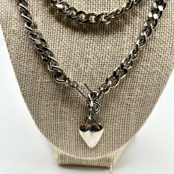 Chunky Curb Chain Necklace Layered Silver Tone Heart Pendant Y2K Streetwear - Picture 8 of 9
